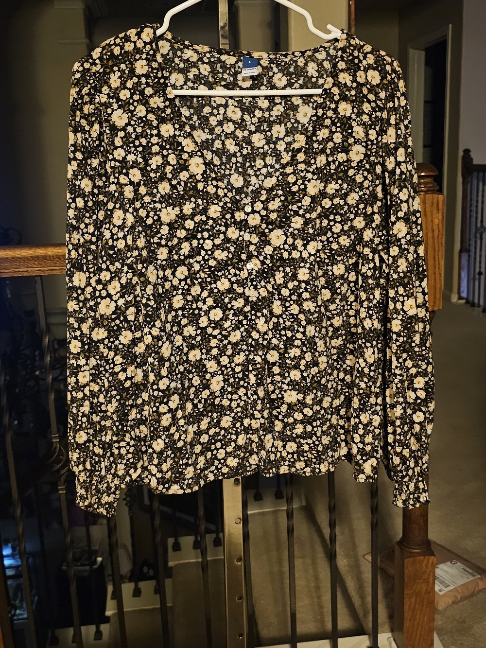 Old Navy Black Floral Long-Sleeve Peasant Top